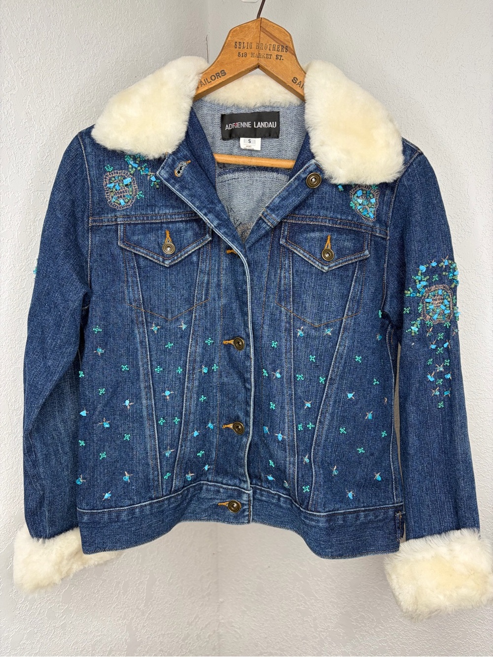 Vintage Adrienne Landau Women’s Sz S Fur Denim Jean Jacket Embellished Designer